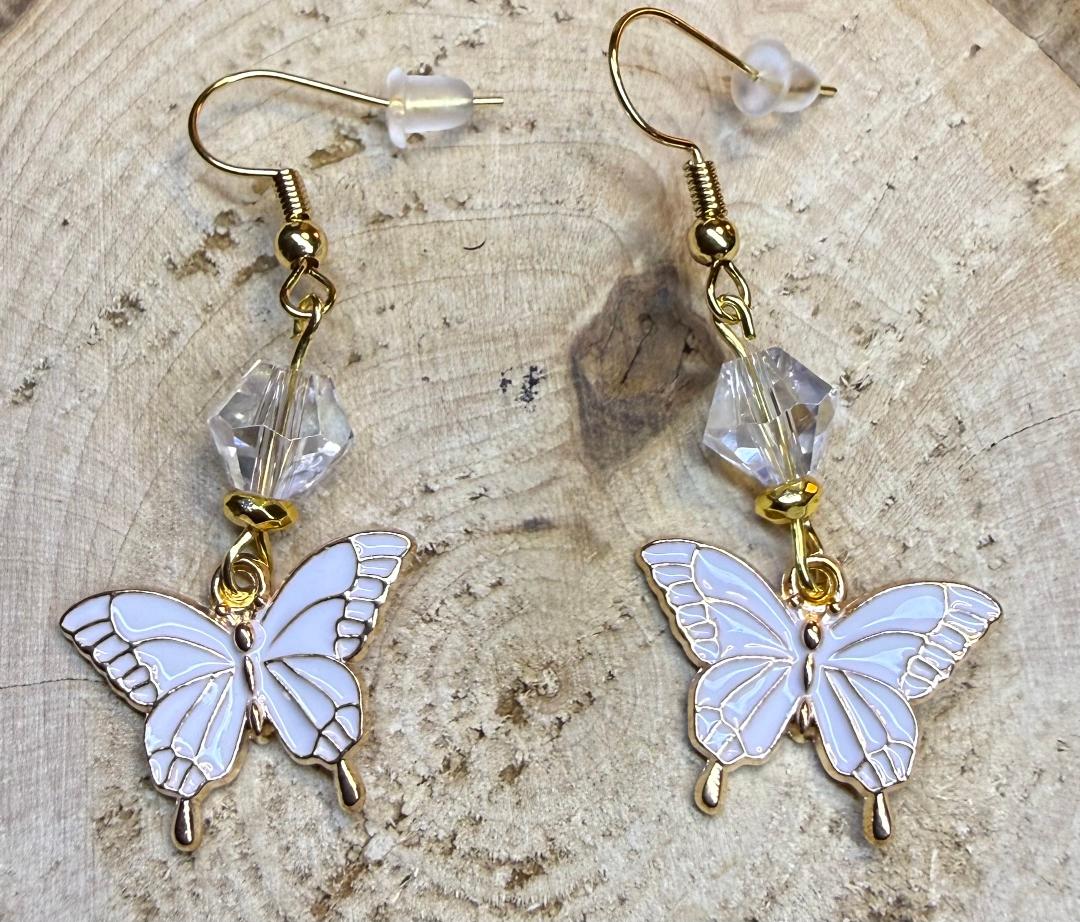 NEW White Enamel Butterfly Earrings w/ Clear Faceted Beads