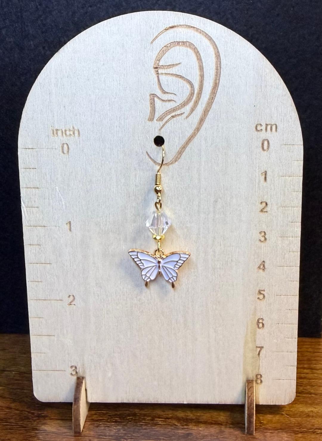 NEW White Enamel Butterfly Earrings w/ Clear Faceted Beads