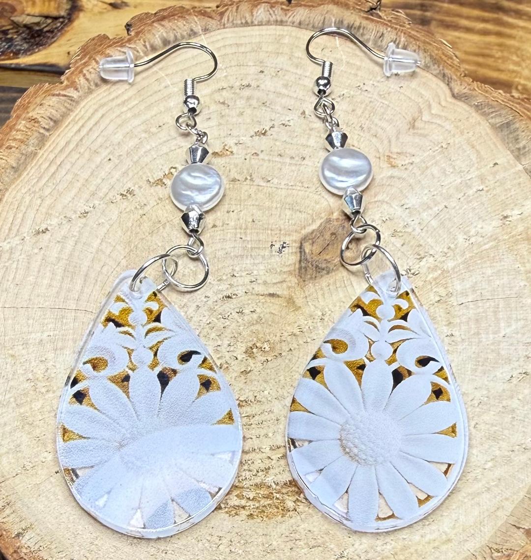 NEW Double Sided Teardrop Acrylic Daisy Earrings