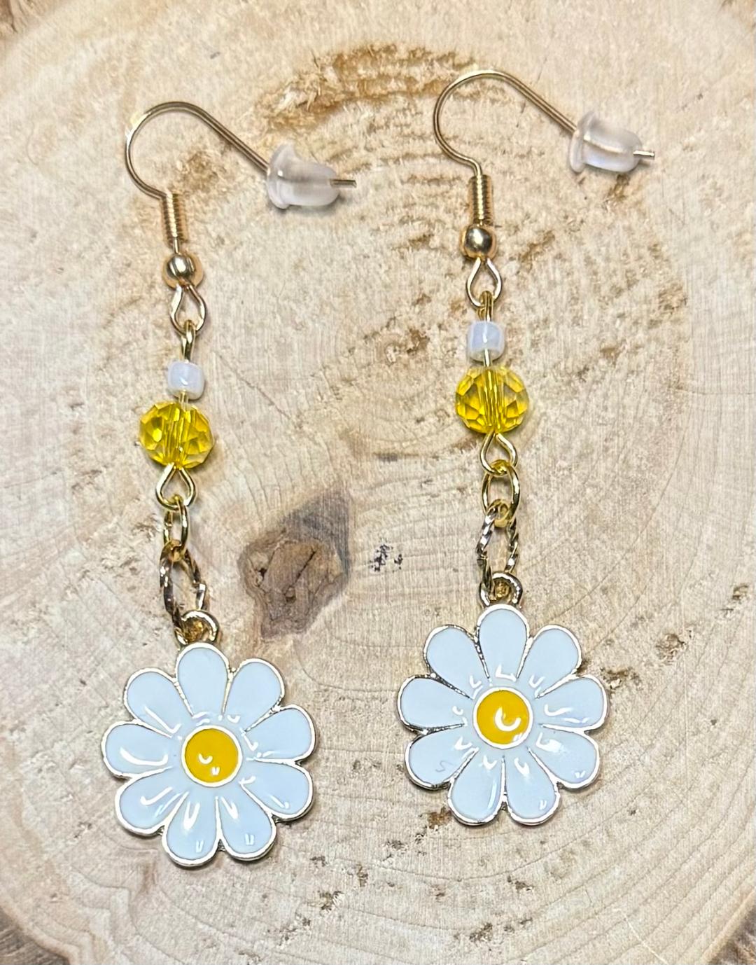 NEW Dainty White Enamel Daisy & Yellow Faceted Bead Earrings