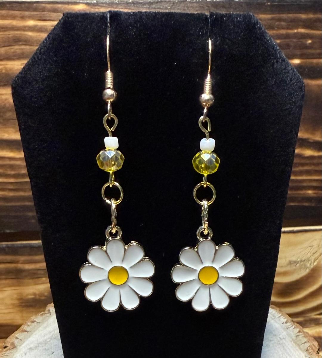 NEW Dainty White Enamel Daisy & Yellow Faceted Bead Earrings