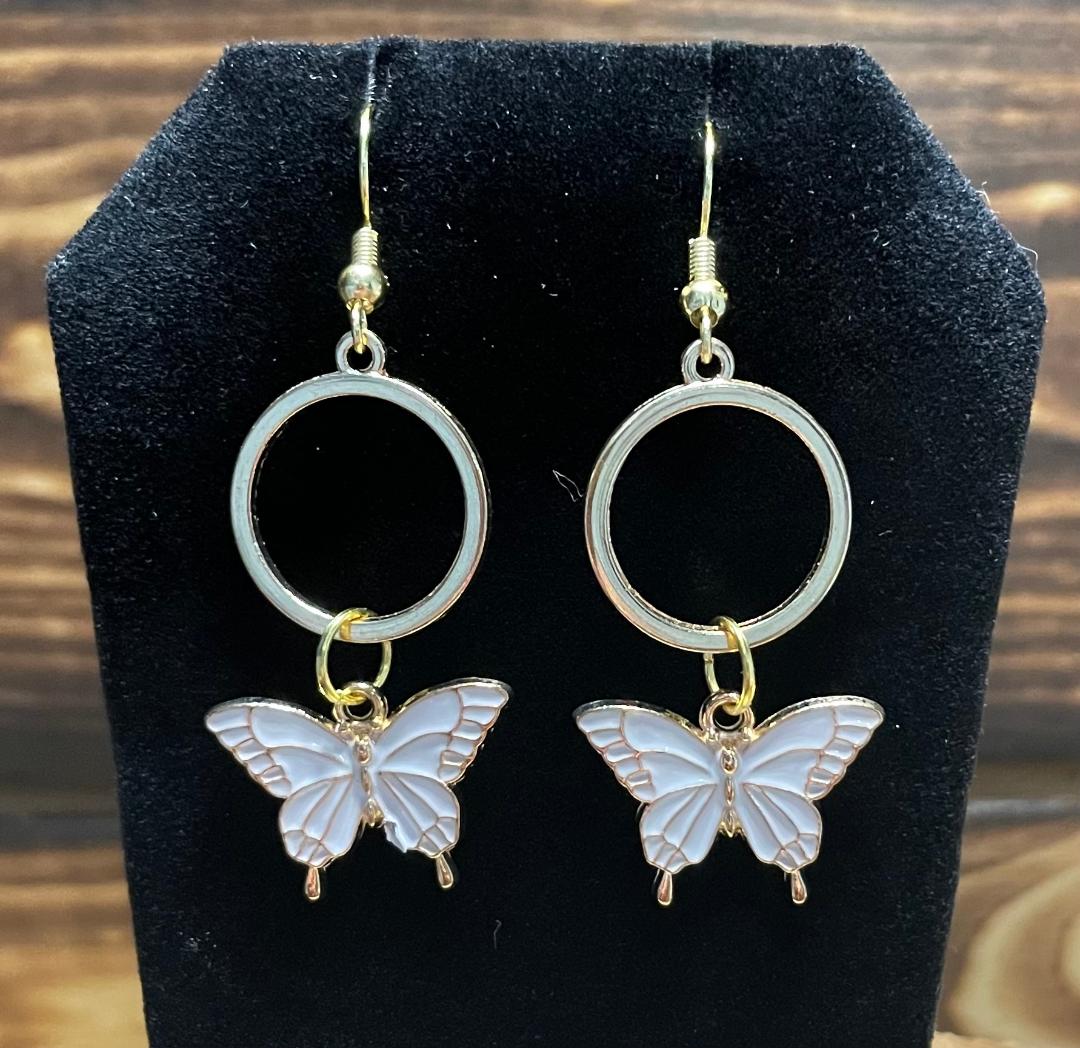NEW White & Gold Enamel Butterfly Earrings