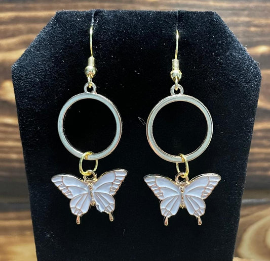 NEW White & Gold Enamel Butterfly Earrings