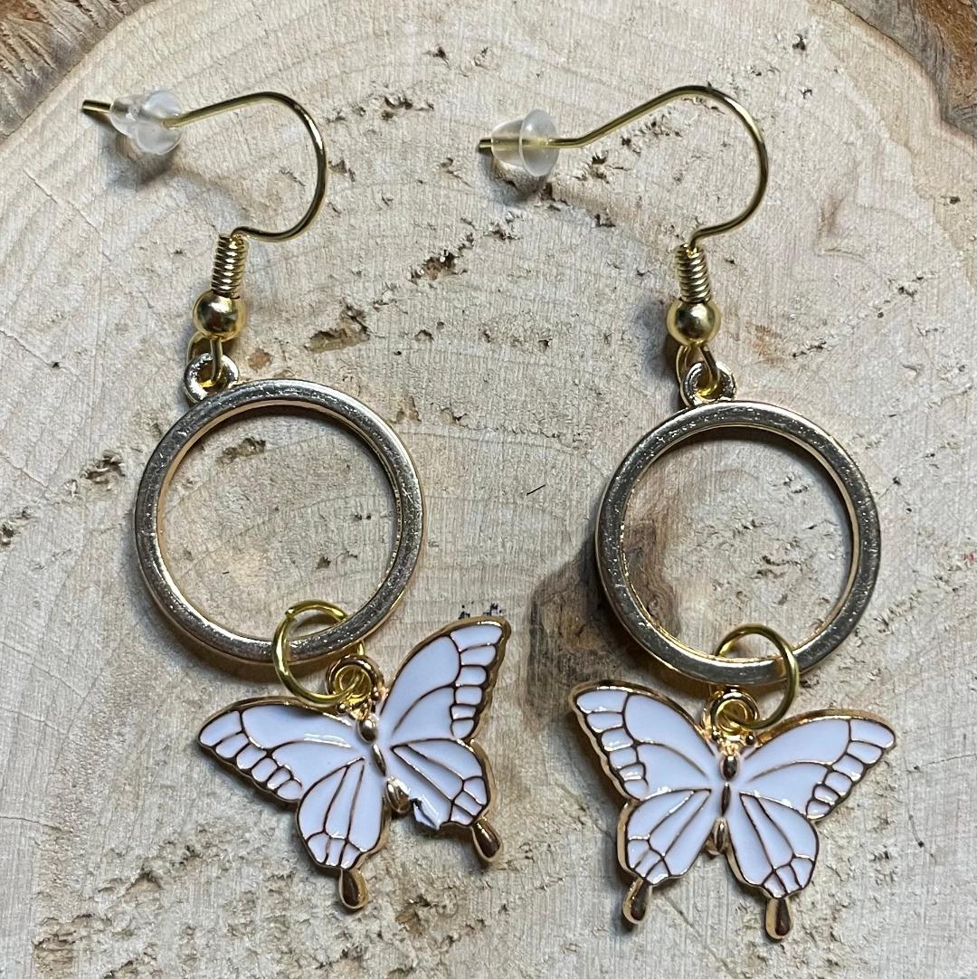 NEW White & Gold Enamel Butterfly Earrings