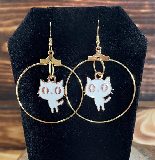 NEW Retro Atomic Cat White Enamel Gold Hoop Earrings