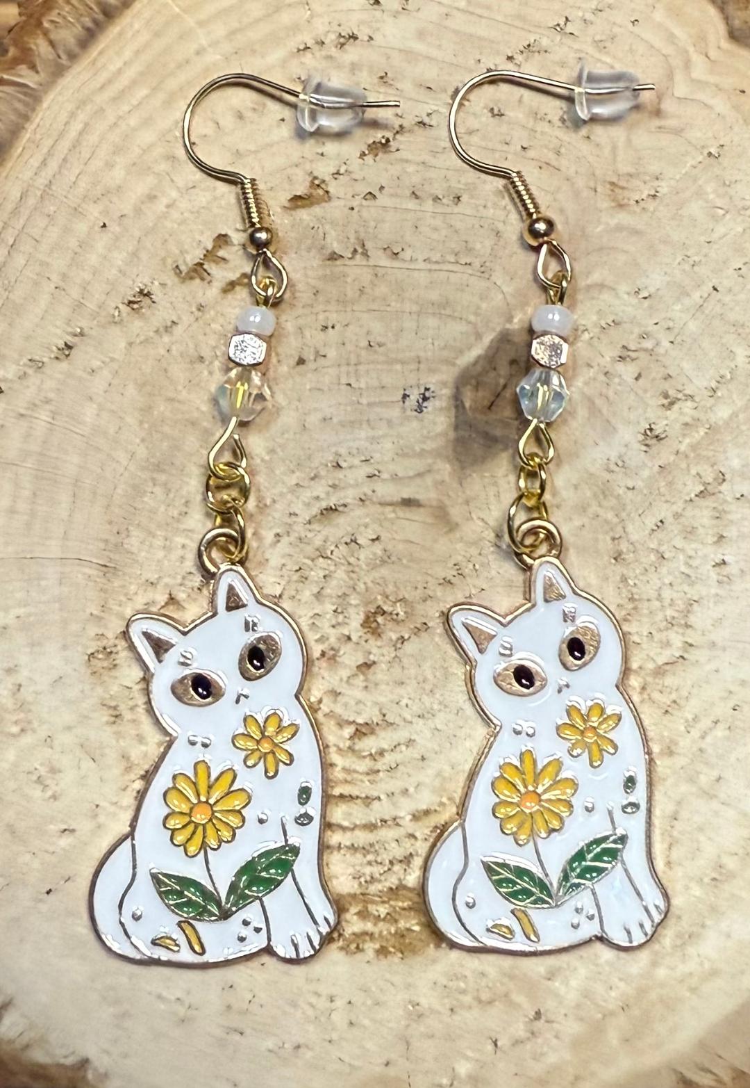 NEW Bohemian Style Enamel White Cat Earrings w/ Beads