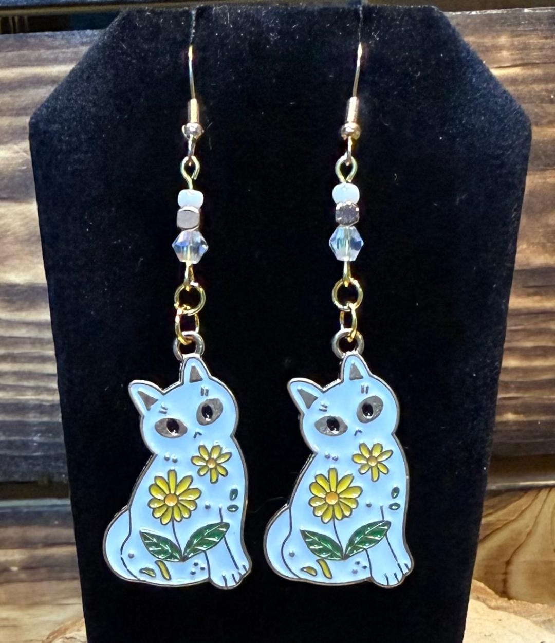 NEW Bohemian Style Enamel White Cat Earrings w/ Beads