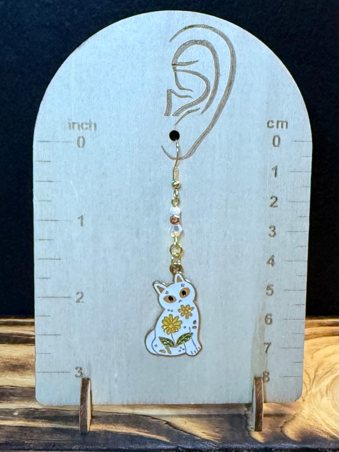 NEW Bohemian Style Enamel White Cat Earrings w/ Beads