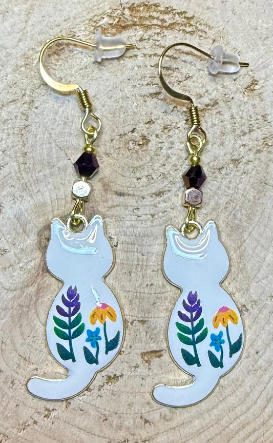 NEW White & Floral Enamel Cat Earrings w/ Dark Purple & Gold Faceted Beads