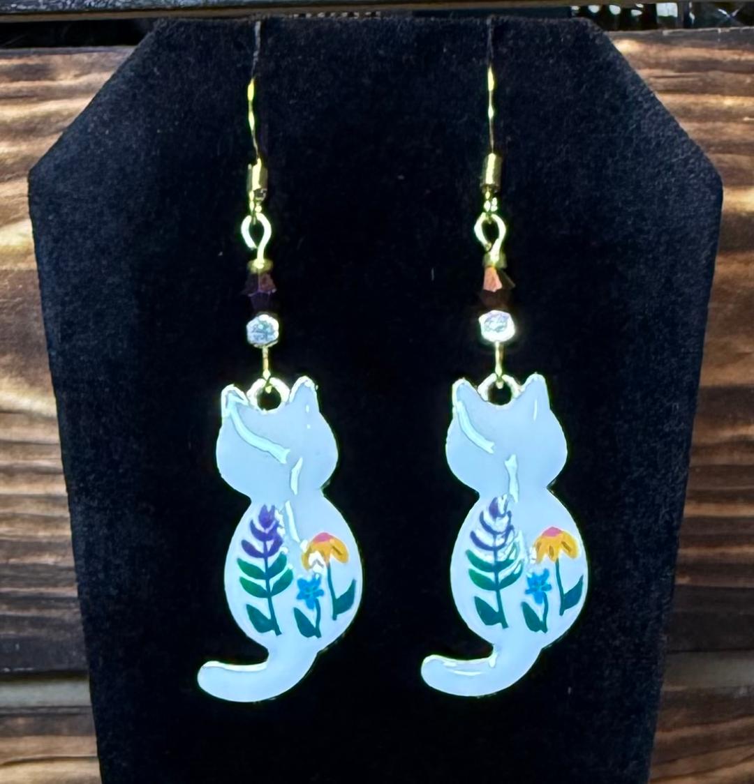NEW White & Floral Enamel Cat Earrings w/ Dark Purple & Gold Faceted Beads