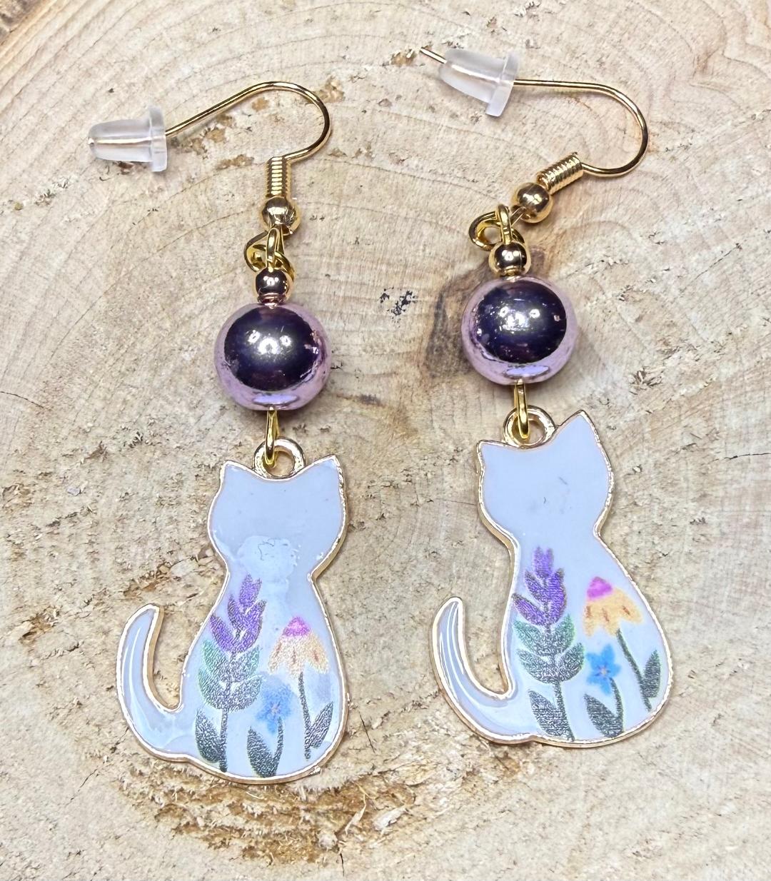 NEW White Floral Cat Earrings w/ Shiny Purple Glass Beads