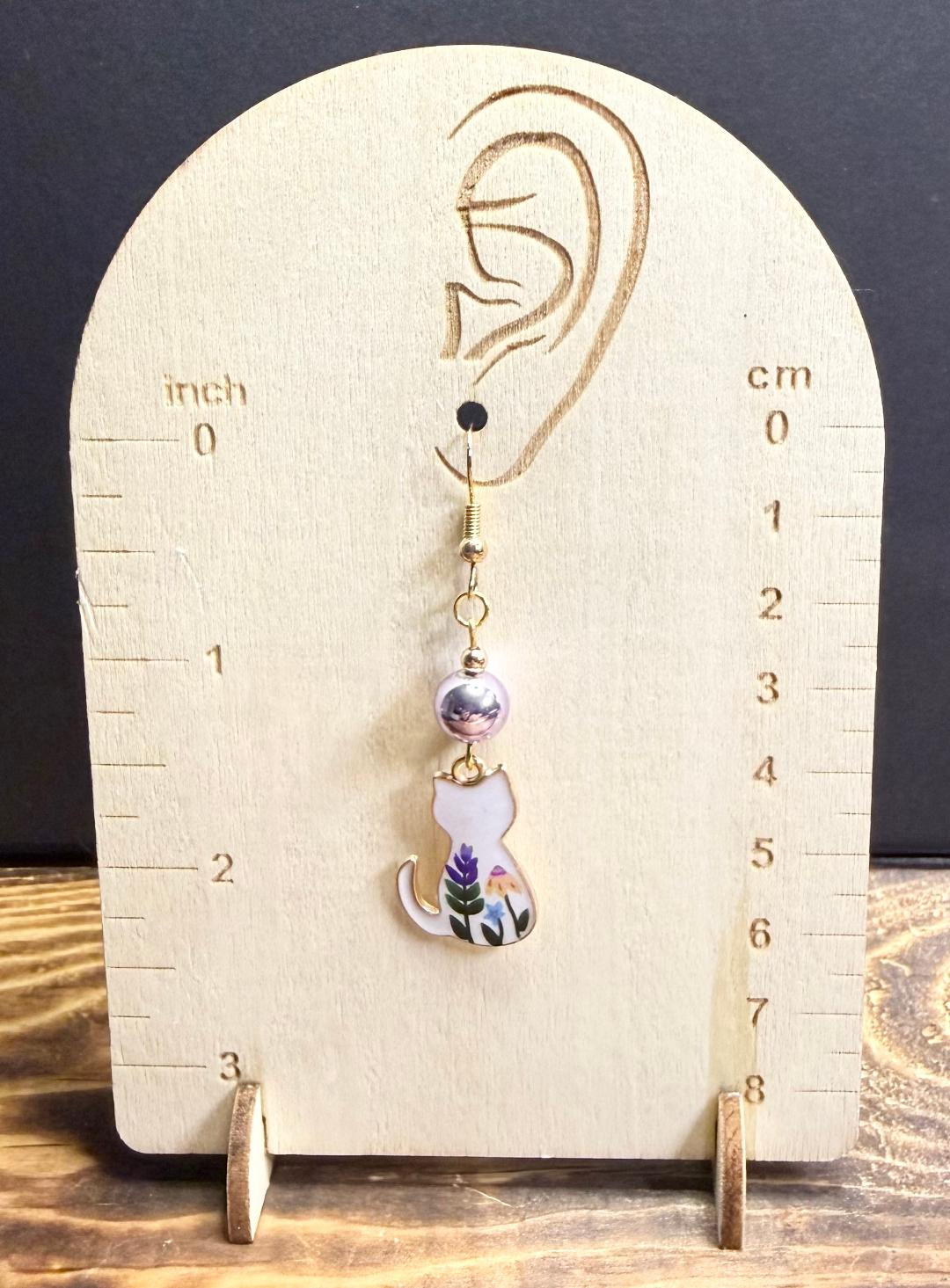 NEW White Floral Cat Earrings w/ Shiny Purple Glass Beads