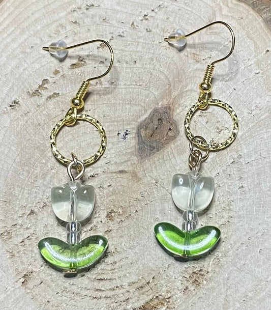 NEW White / Clear Glass Tulip Charm Earrings w/ Embossed Gold Jump Rings