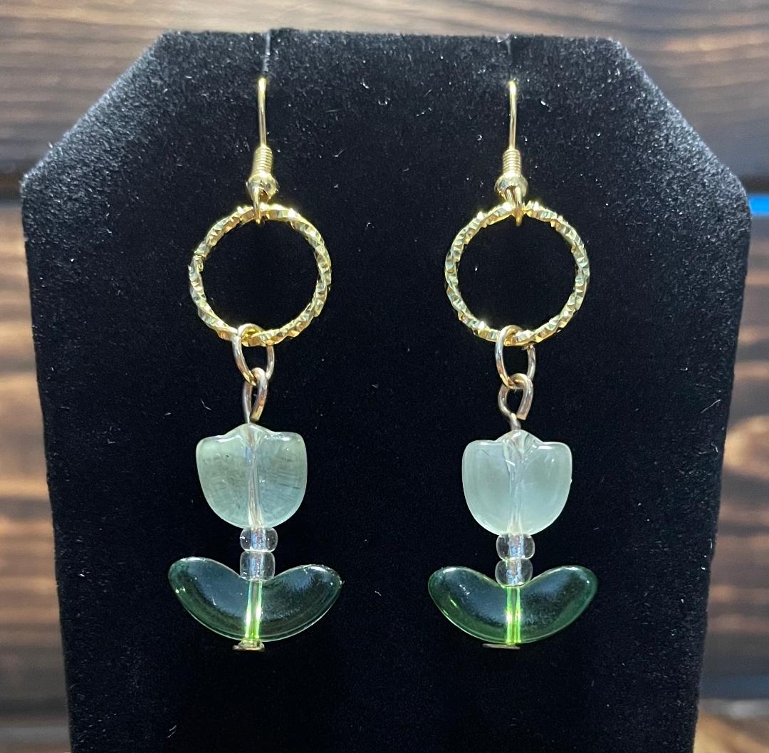 NEW White / Clear Glass Tulip Charm Earrings w/ Embossed Gold Jump Rings