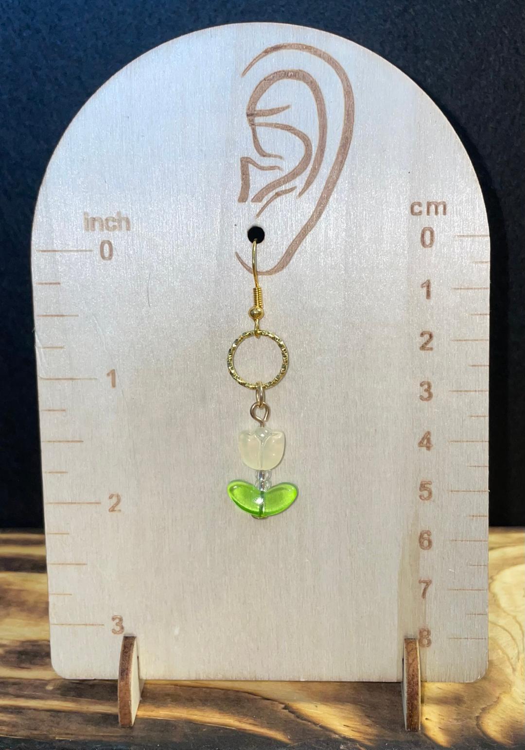 NEW White / Clear Glass Tulip Charm Earrings w/ Embossed Gold Jump Rings