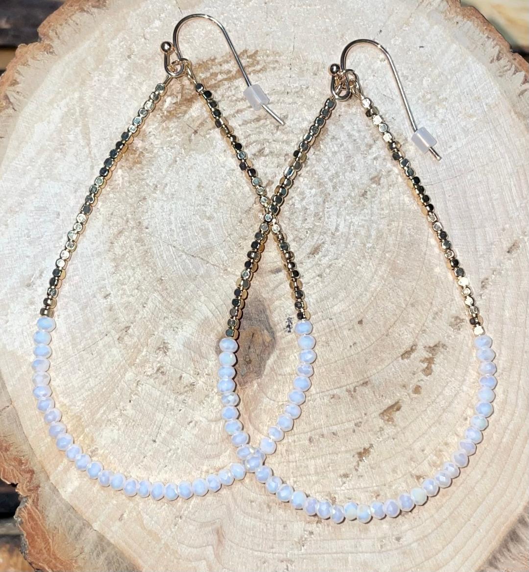 NEW Extra Long Beaded White & Gold Teardrop Hoop Earrings