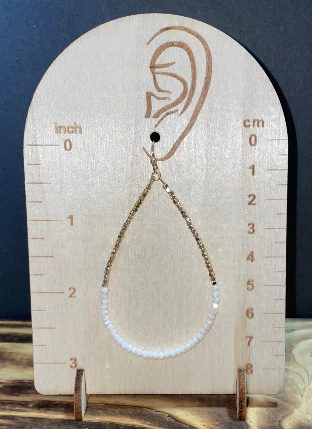 NEW Extra Long Beaded White & Gold Teardrop Hoop Earrings