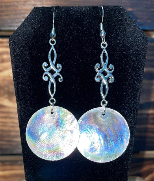 NEW Iridescent Natural White Mother of Pearl Shell & Filigree Drop Earrings