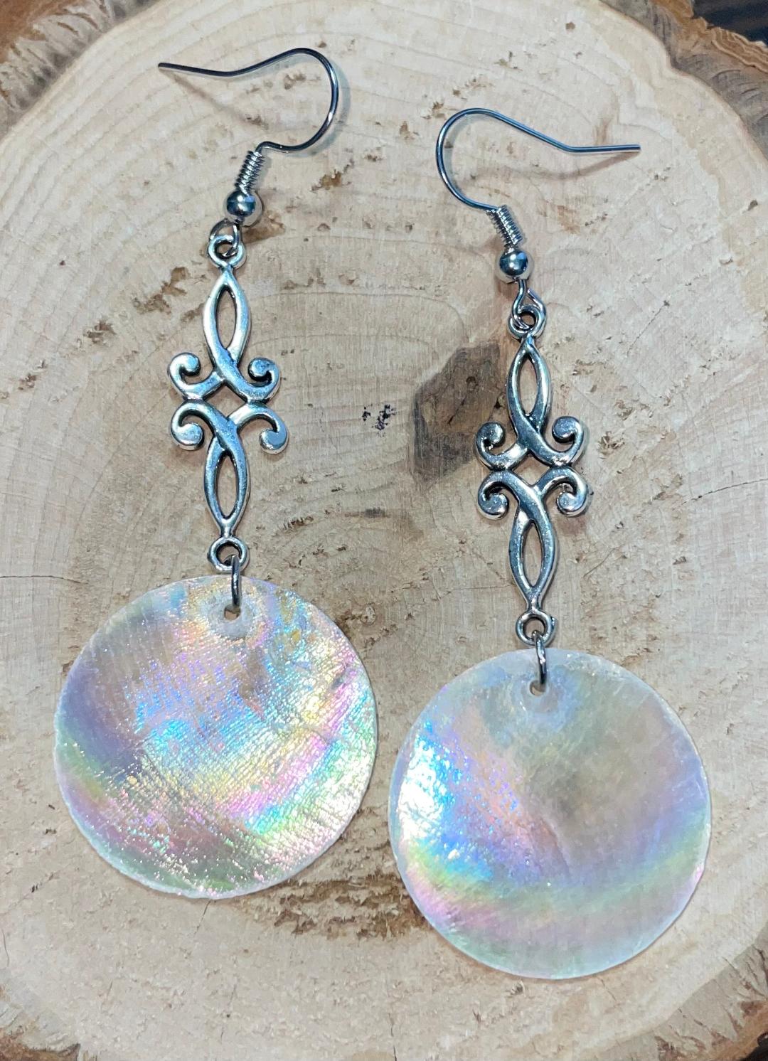 NEW Iridescent Natural White Mother of Pearl Shell & Filigree Drop Earrings