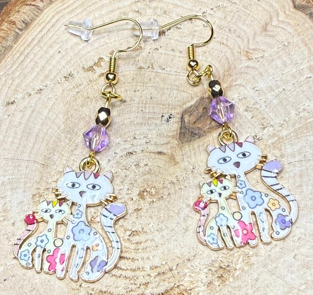 NEW White & Purple Enamel Cat with Kitten Earrings w/ Purple Beads