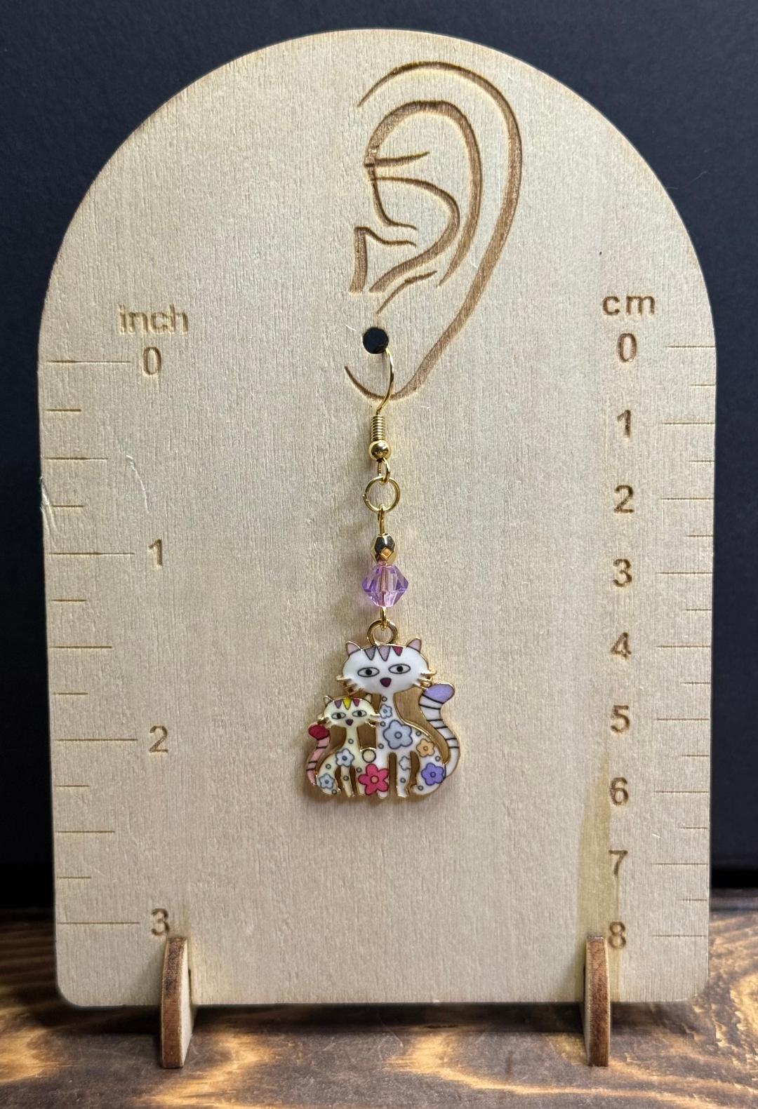 NEW White & Purple Enamel Cat with Kitten Earrings w/ Purple Beads