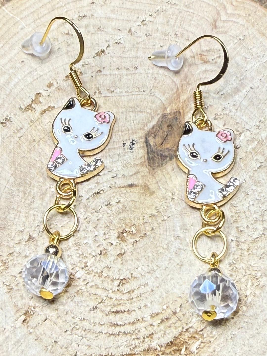 NEW White Enamel Kitten Cat Earrings w/ Rhinestones & Glass Beads