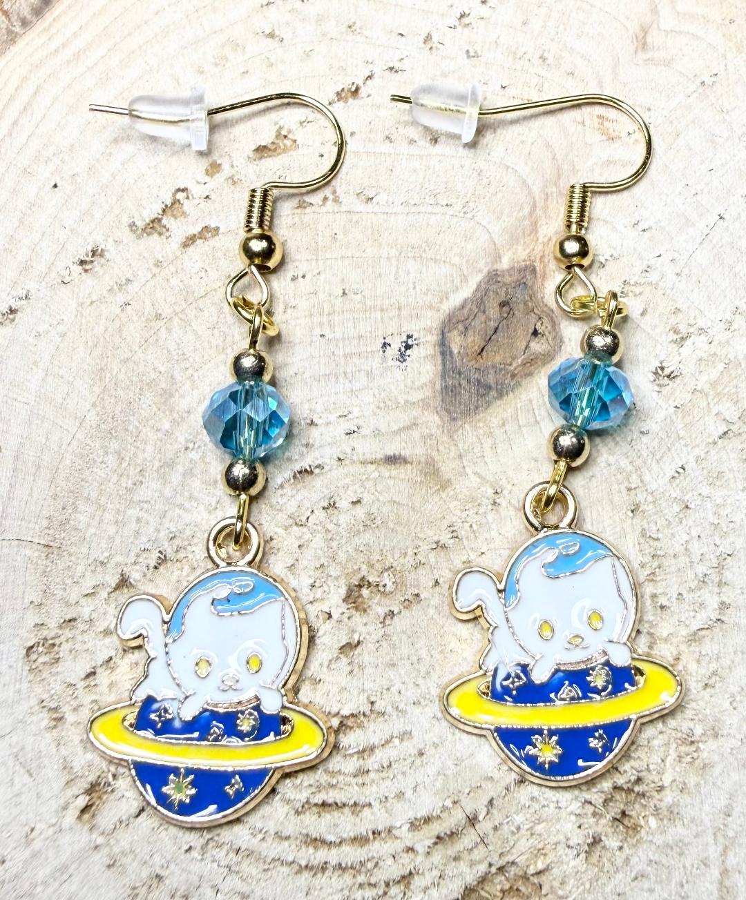NEW Space Cat Kitten Charm Earrings w/ Teal Glass Beads