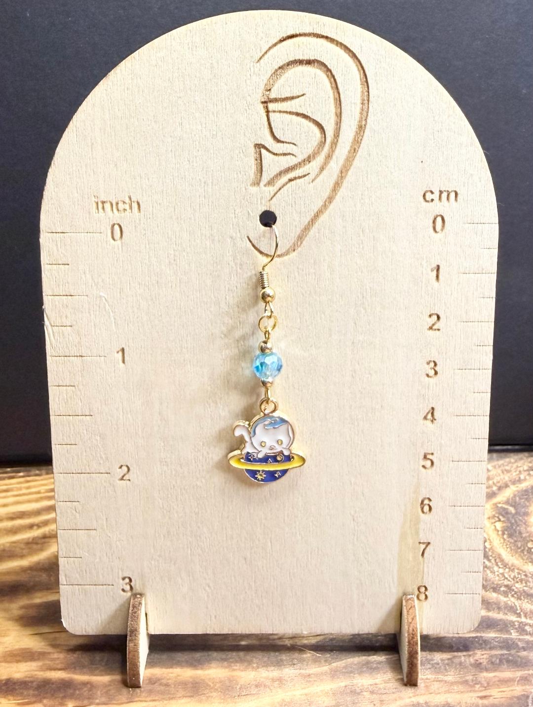NEW Space Cat Kitten Charm Earrings w/ Teal Glass Beads
