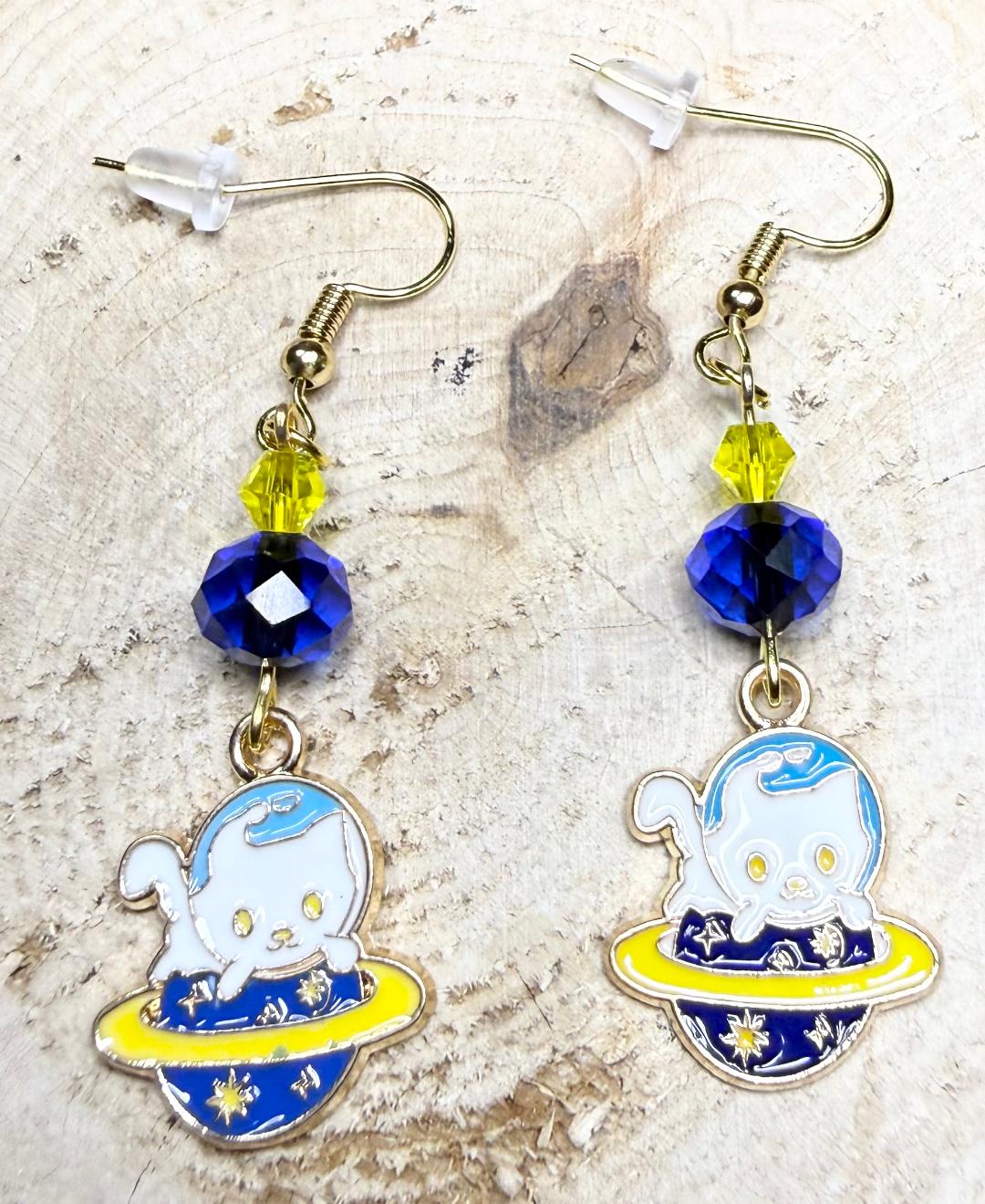 NEW Space Cat Kitten Charm Earrings w/ Blue & Yellow Glass Beads