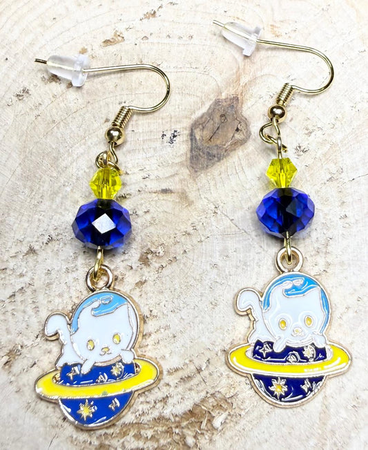 NEW Space Cat Kitten Charm Earrings w/ Blue & Yellow Glass Beads