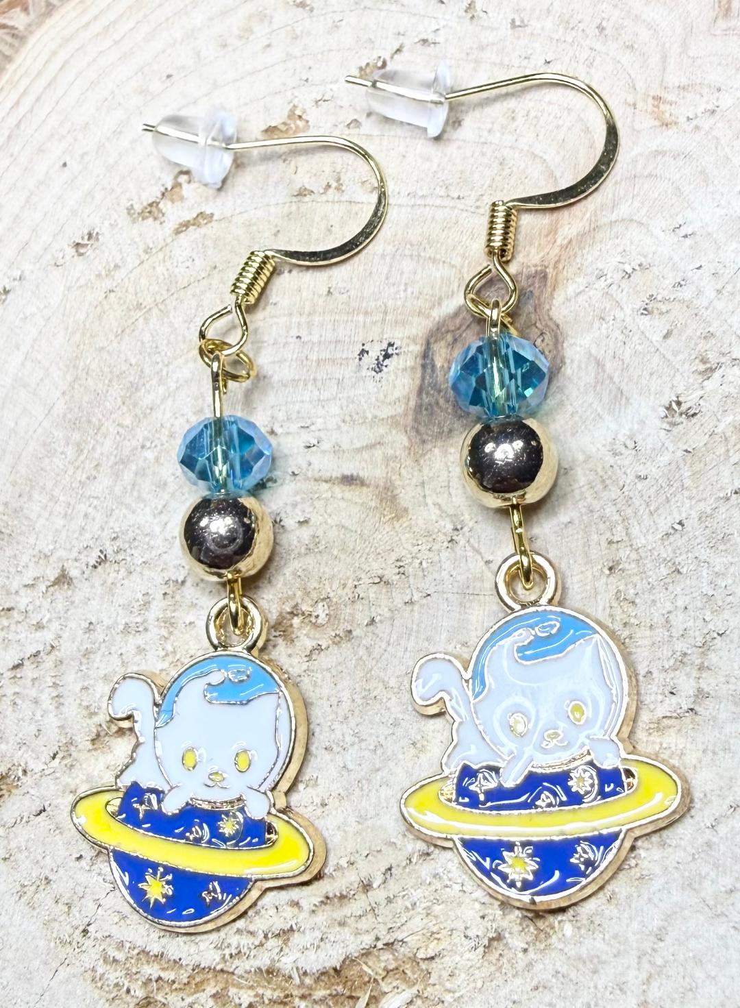 NEW Space Cat Kitten Charm Earrings w/ Teal & Gold Beads