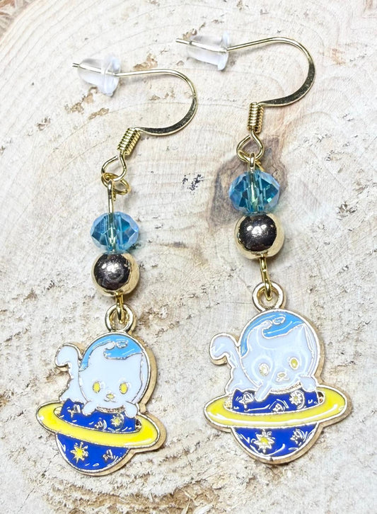 NEW Space Cat Kitten Charm Earrings w/ Teal & Gold Beads