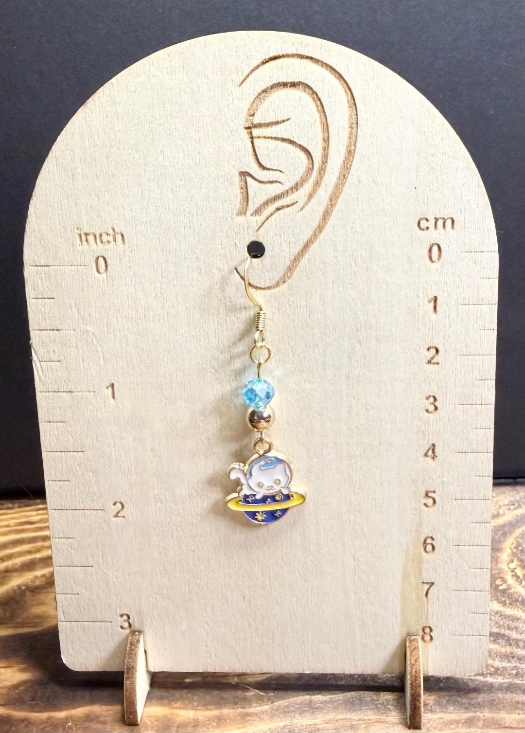 NEW Space Cat Kitten Charm Earrings w/ Teal & Gold Beads