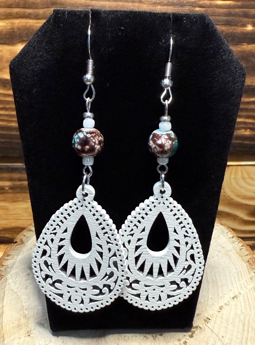 NEW Fancy Cut White Wood Teardrop & Marbled Glass Bead Earrings