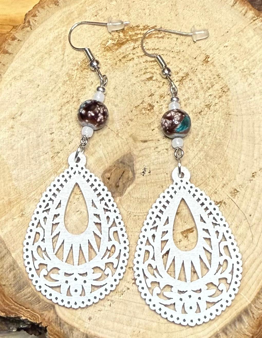 NEW Fancy Cut White Wood Teardrop & Marbled Glass Bead Earrings