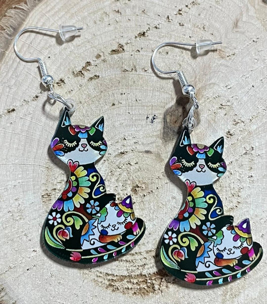 NEW Boho Mexican Style Acrylic Cat & Kitten Earrings
