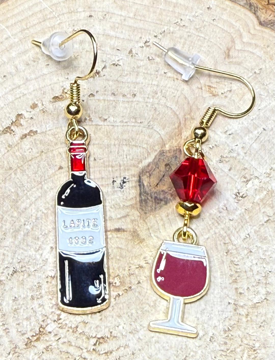 NEW Wine Bottle & Wine Glass Earrings w/ Glass Beads
