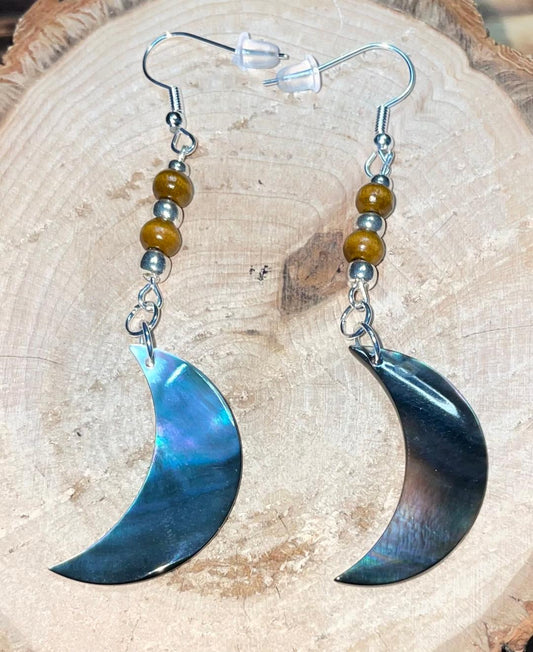 NEW Natural Black Lip Shell Crescent Moon Earrings w/ Wood Beads