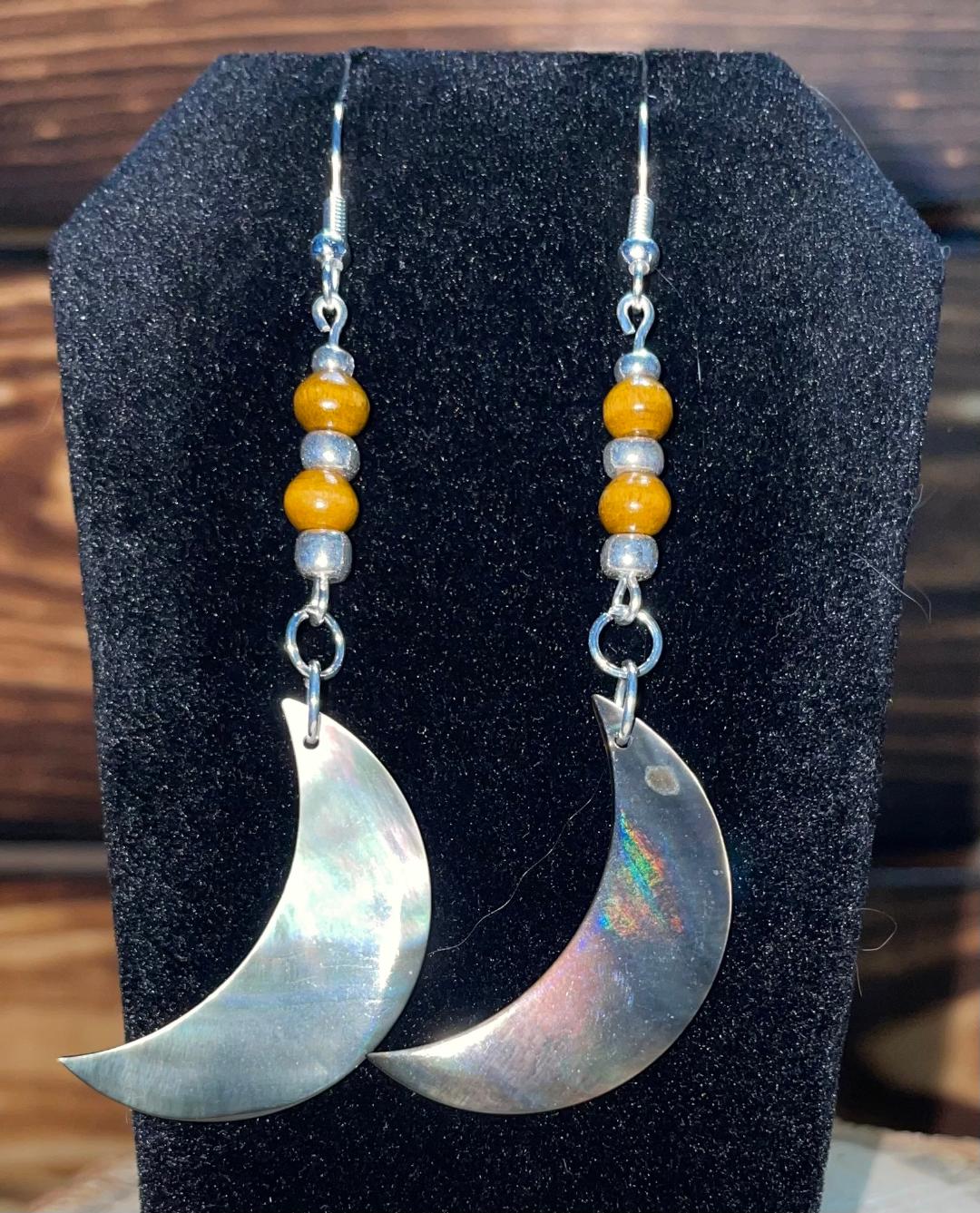 NEW Natural Black Lip Shell Crescent Moon Earrings w/ Wood Beads