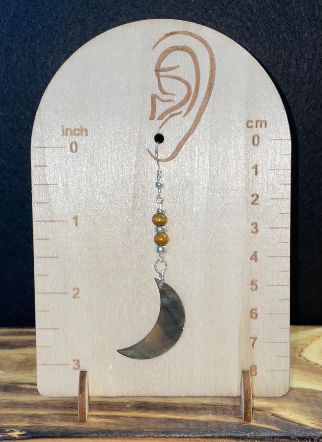 NEW Natural Black Lip Shell Crescent Moon Earrings w/ Wood Beads