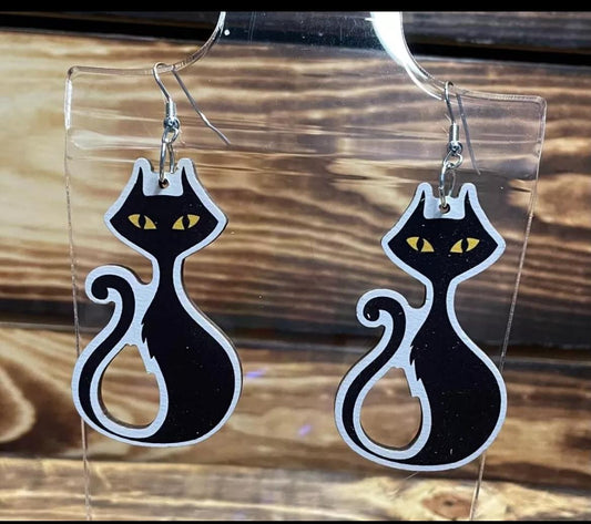NEW Large Mid Century Theme Retro Atomic Black Cat Earrings