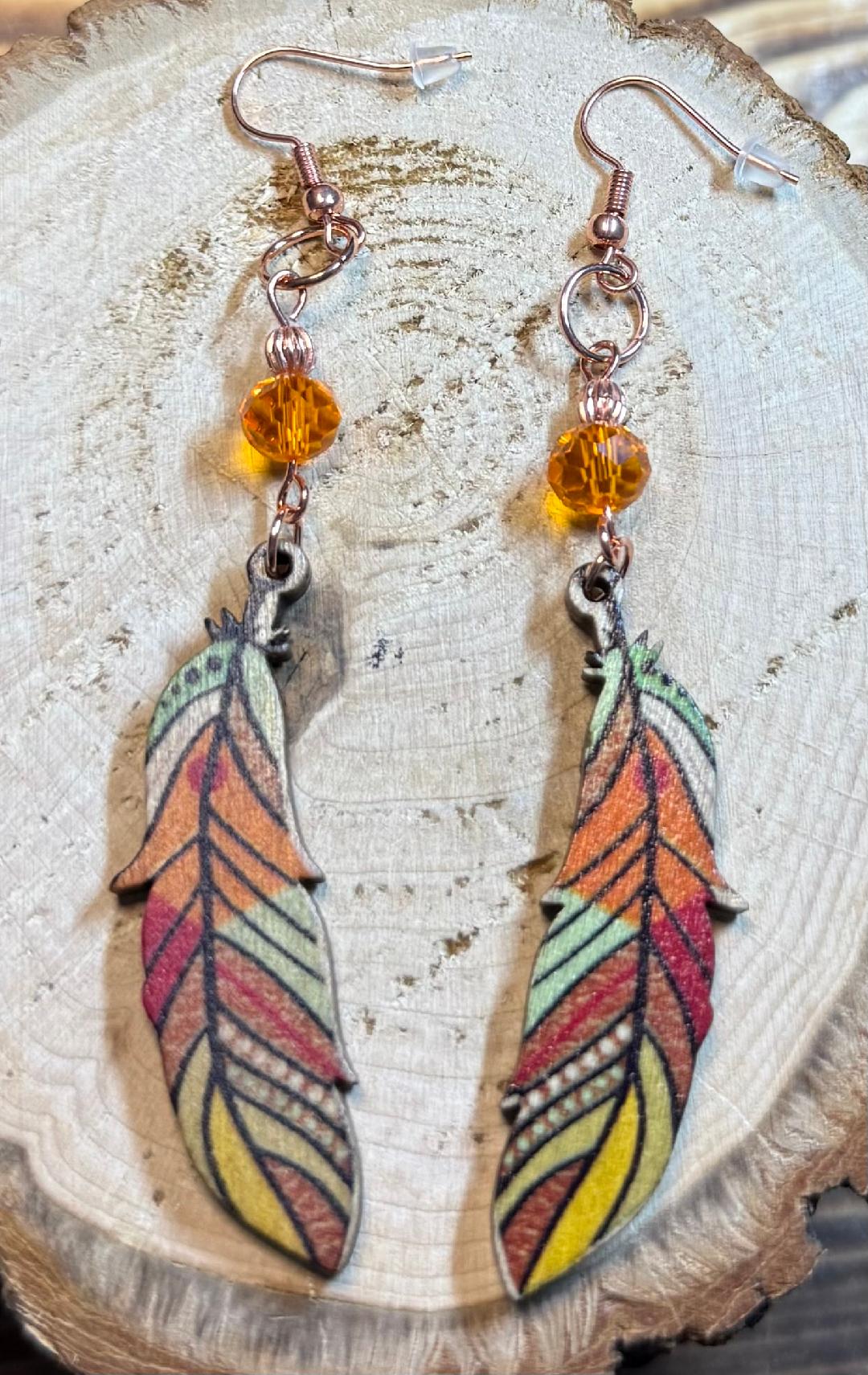 NEW Colorful Wood Feather Earrings w/ Orange Glass Faceted Beads