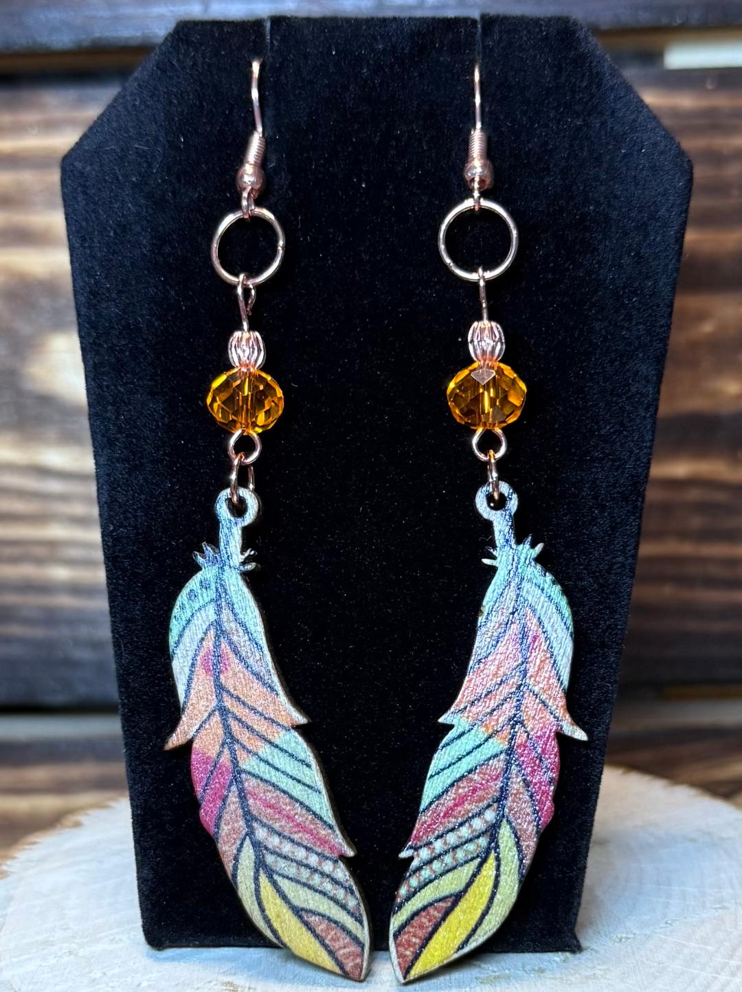 NEW Colorful Wood Feather Earrings w/ Orange Glass Faceted Beads