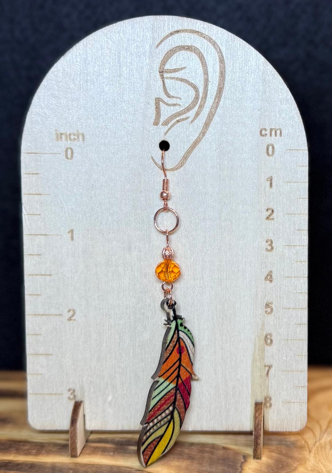 NEW Colorful Wood Feather Earrings w/ Orange Glass Faceted Beads