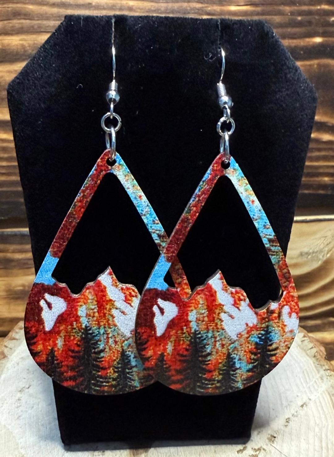NEW Boho Large Wooden Snowcapped Mountain Scene Teardrop Earrings