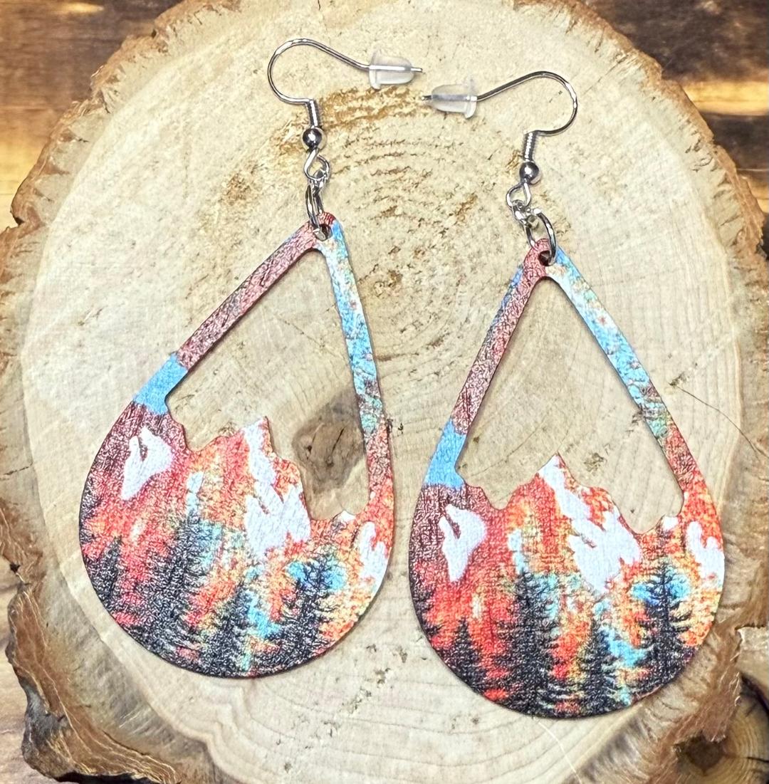 NEW Boho Large Wooden Snowcapped Mountain Scene Teardrop Earrings
