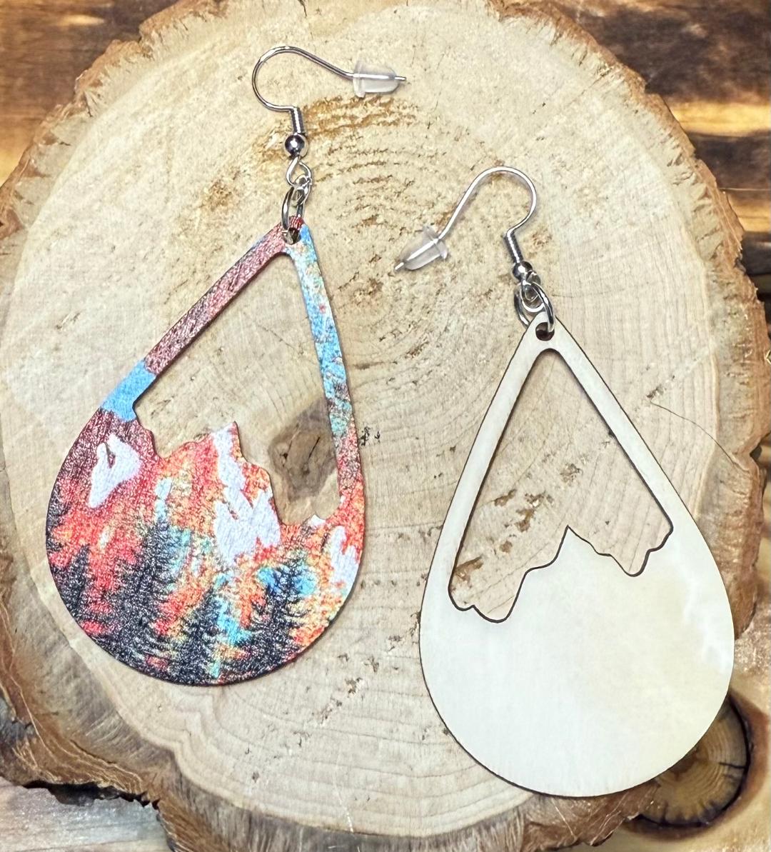 NEW Boho Large Wooden Snowcapped Mountain Scene Teardrop Earrings