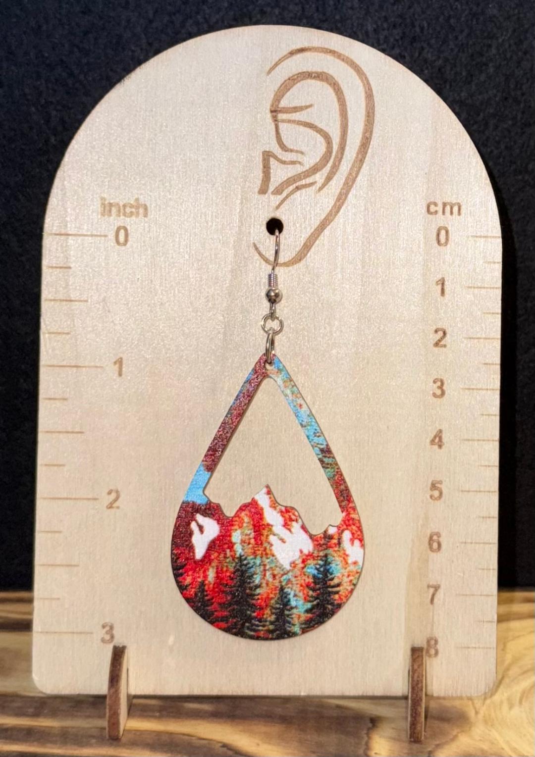 NEW Boho Large Wooden Snowcapped Mountain Scene Teardrop Earrings
