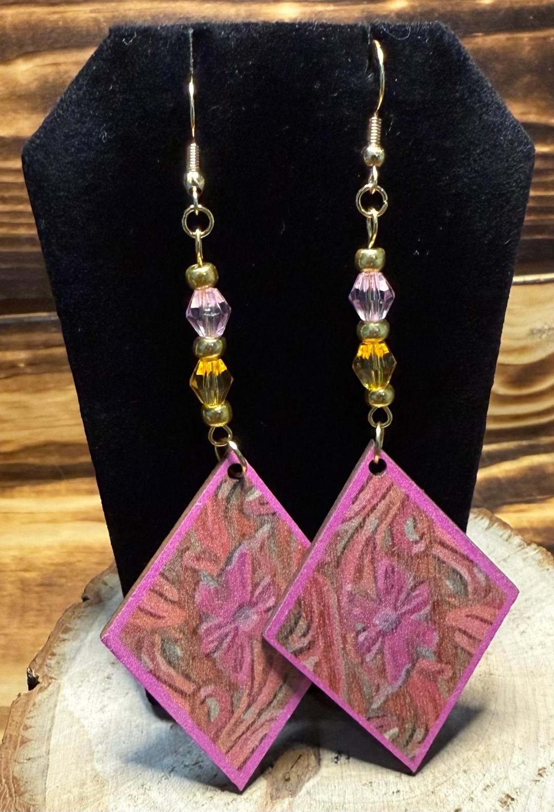 NEW Floral Wooden Diamond Shape Earrings w/ Pink & Orange Faceted Beads