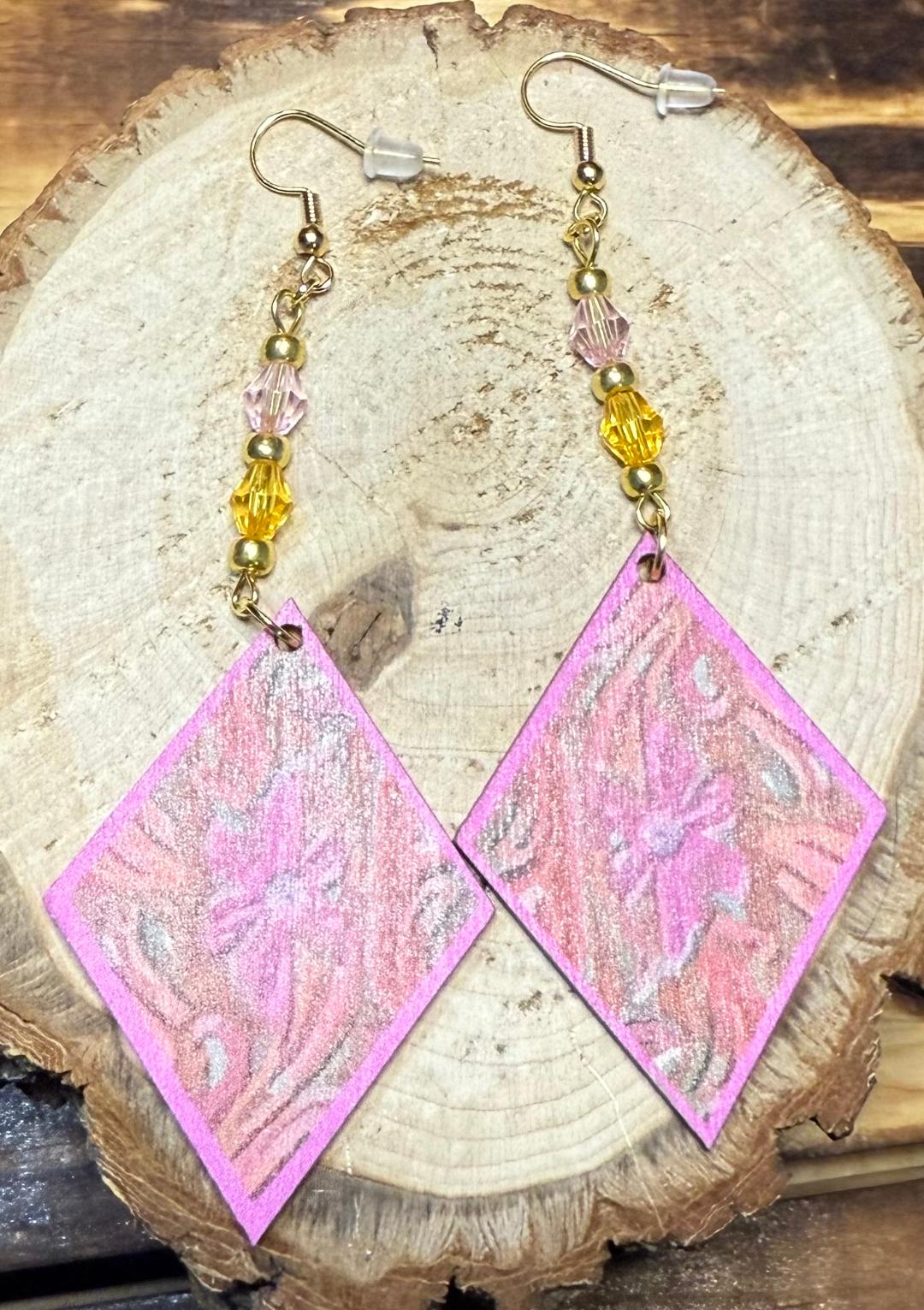 NEW Floral Wooden Diamond Shape Earrings w/ Pink & Orange Faceted Beads